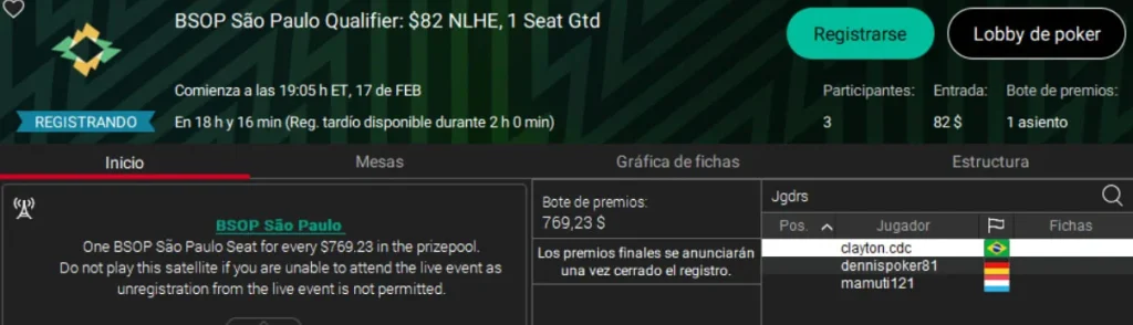 Квалификационный сателлит PokerStars BSOP San Pablo