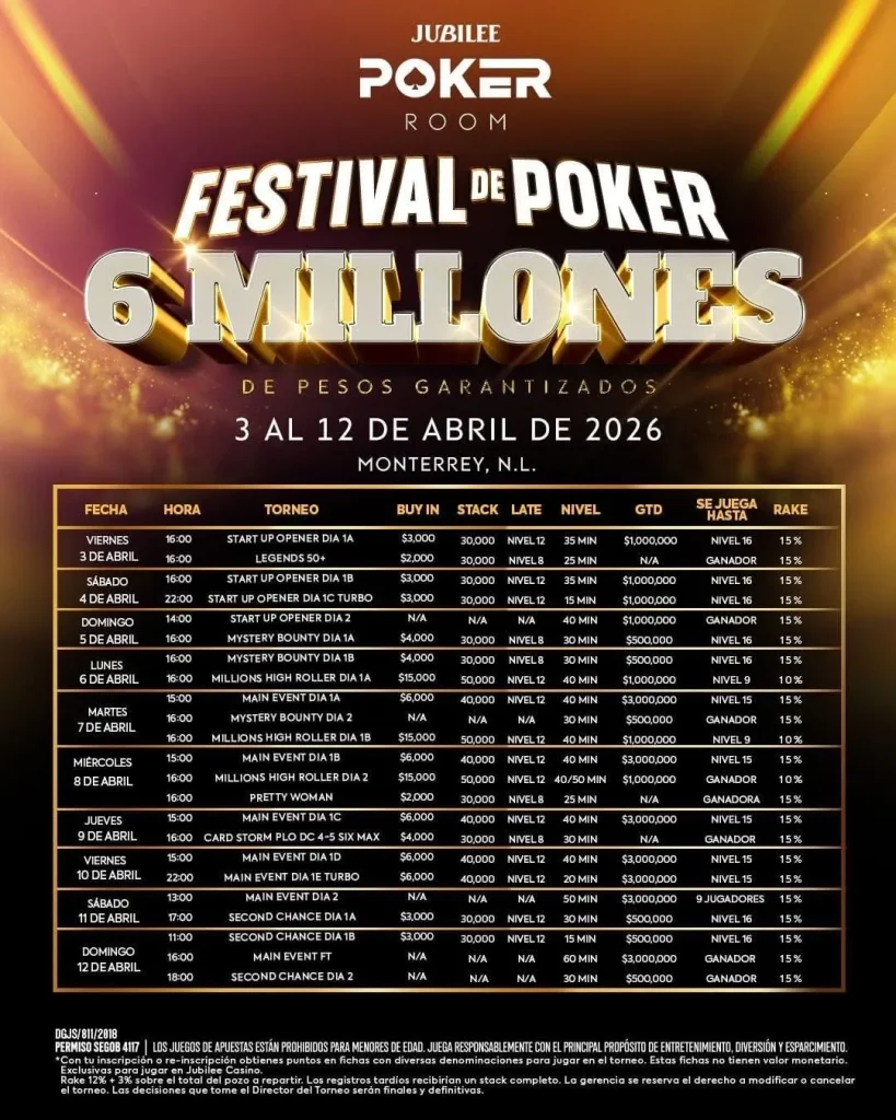 Festival De Poker Jubilee Monterrey Abril 2026Ed